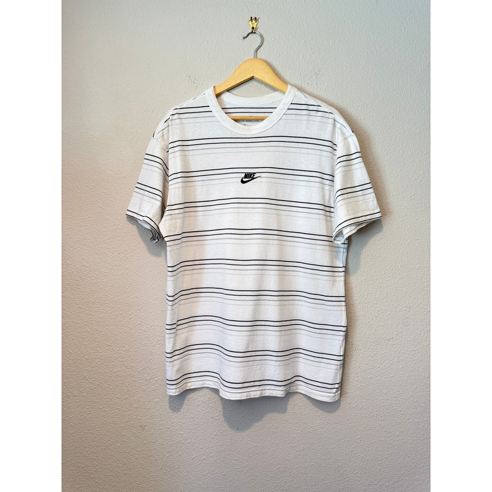 Nike Mens Striped Short Sleeve Tee White Black Grey Embroidered Logo Size M